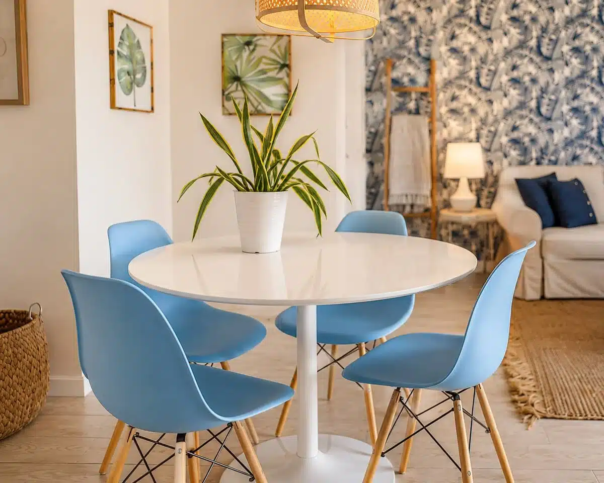 Modern dining room with round white table and blue chairs in Miami Beach vacation home rental