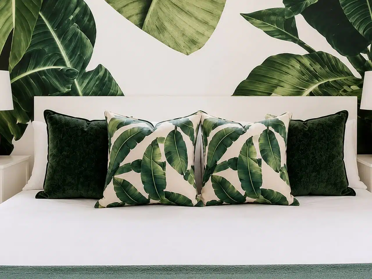 Luxury bedroom with tropical botanical wallpaper and green pillows at Retreats Miami