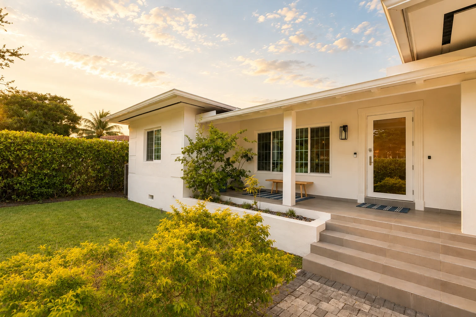 Private backyard patio at sunset with covered deck, glass doors, and manicured lawn at 1430 Miami, FL villa by Retreats Miami