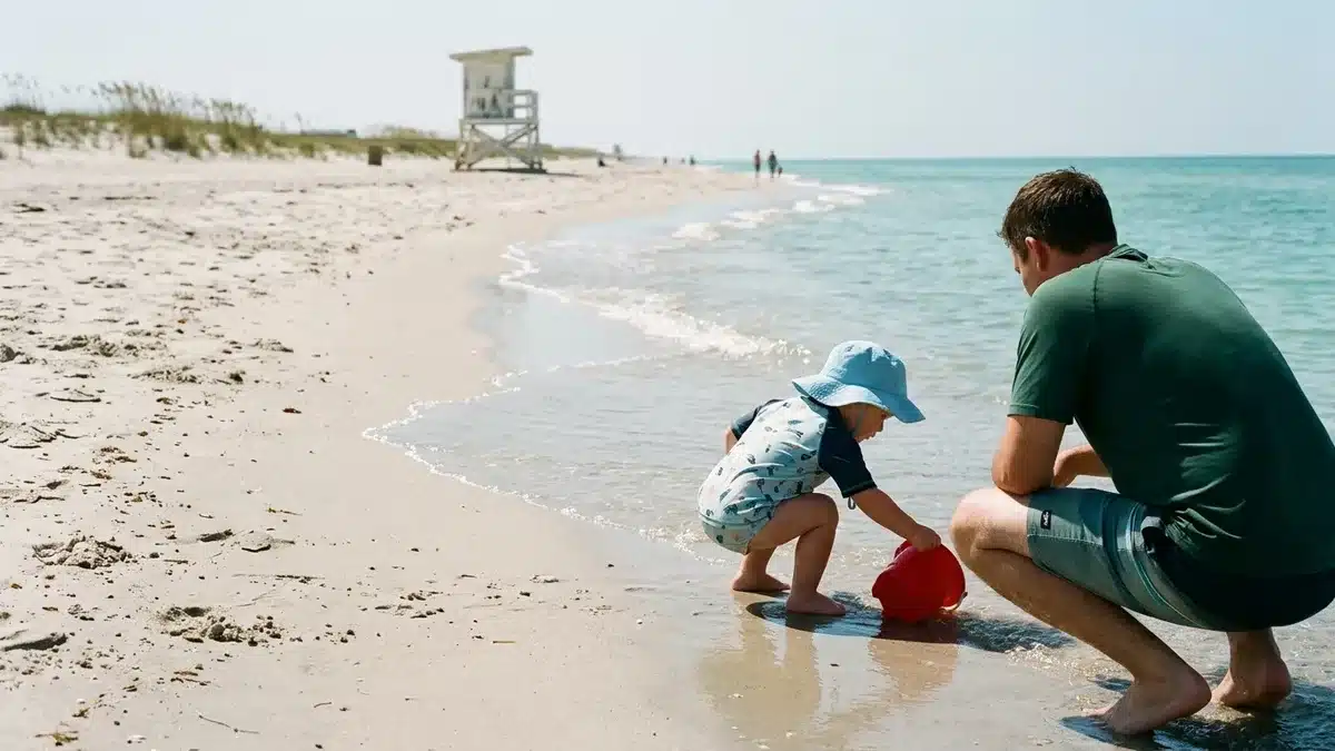 Calm Florida beach with shallow water for young children on a family trip