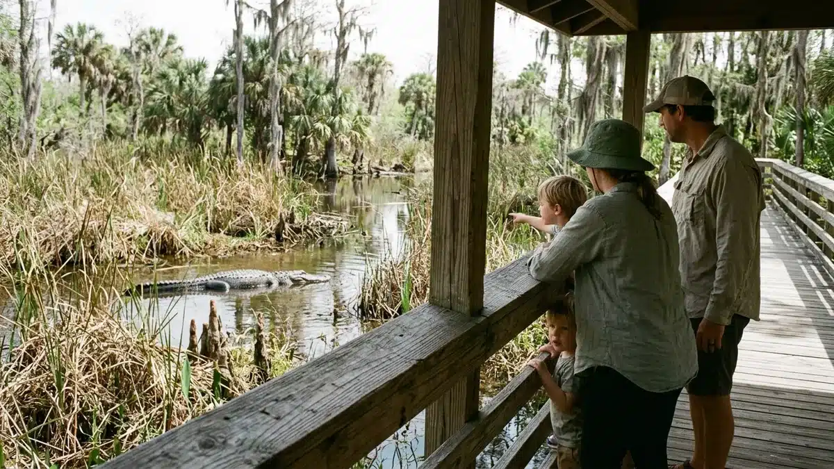 Family watching alligators on a boardwalk, one of the best family things to do in Florida