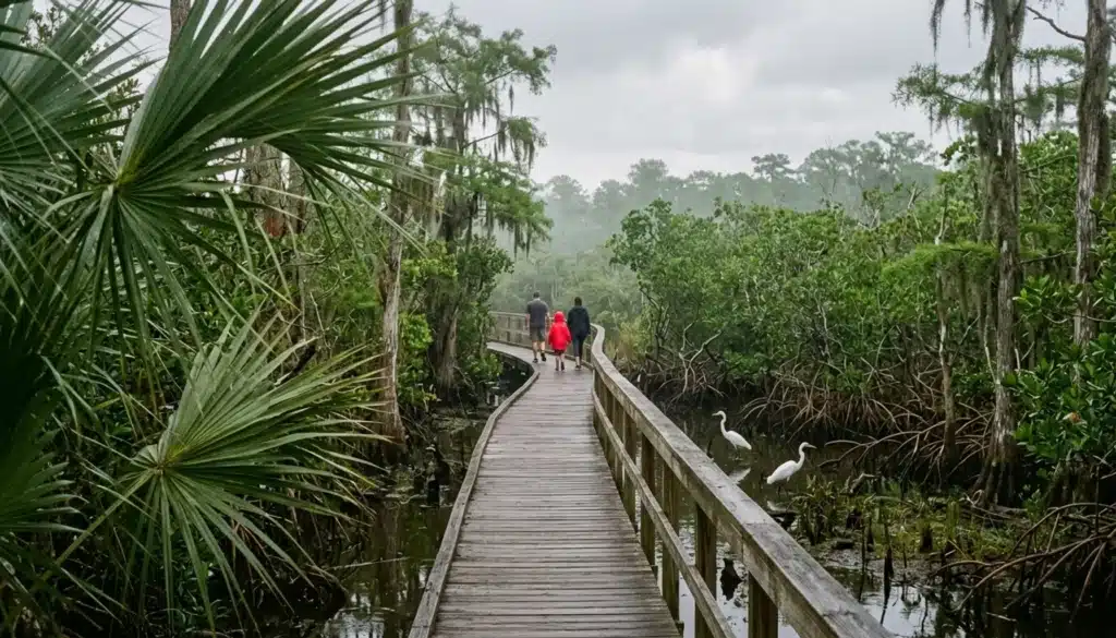Family walking a mangrove boardwalk at a Florida nature preserve, one of many family things to do in Florida beyond theme parks