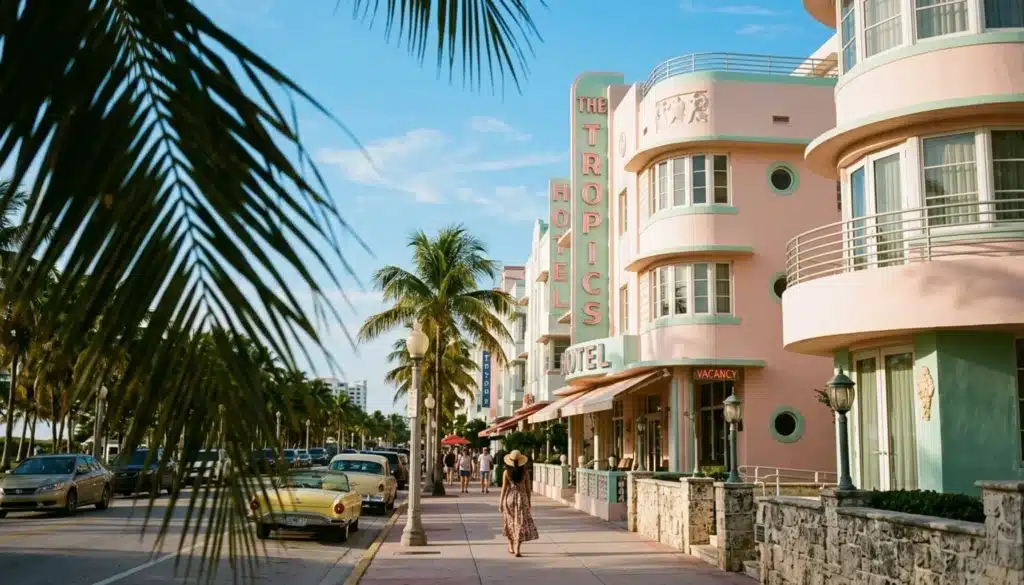 Pastel Art Deco hotel in Miami Beach framed by palm fronds, showing why is Miami worth visiting beyond the beach