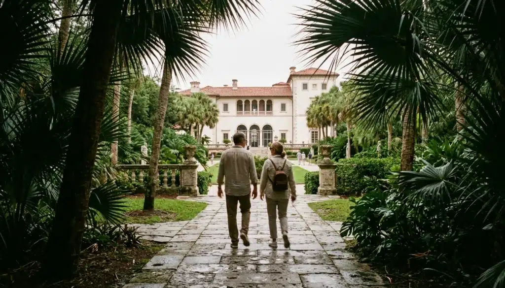 Two visitors walk toward a villa at Vizcaya on a quiet morning, one of the Miami attractions locals recommend