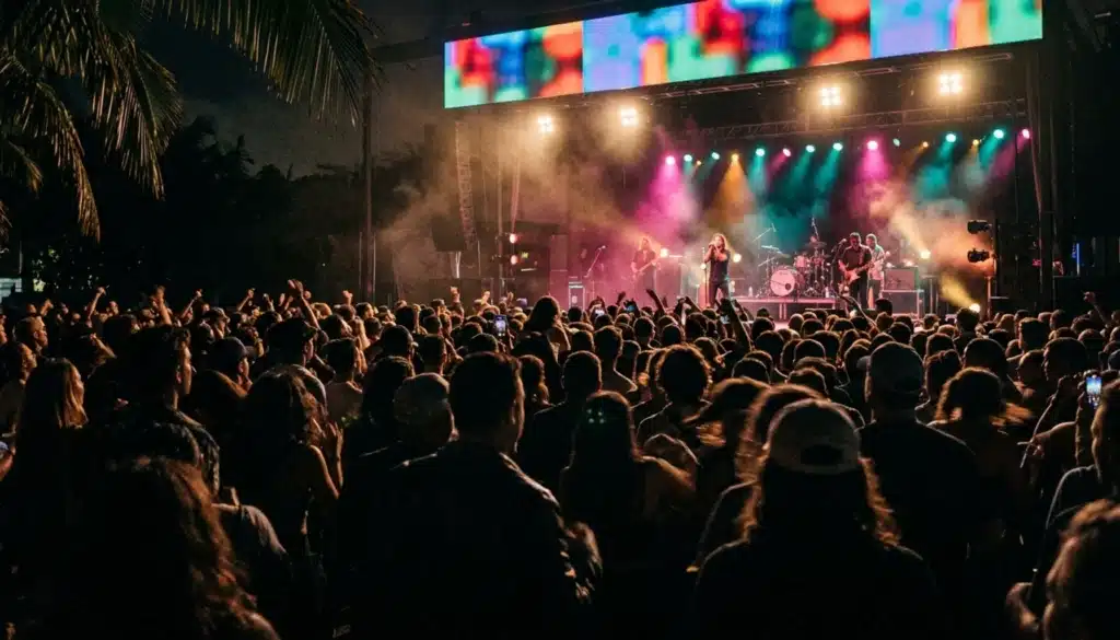 Silhouetted crowd at a Miami open-air concert, a nightlife stop on a miami itinerary with recovery time built in