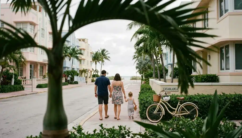 Family walking toward the beach through a quiet South Beach street, one of the best Miami neighborhoods for couples