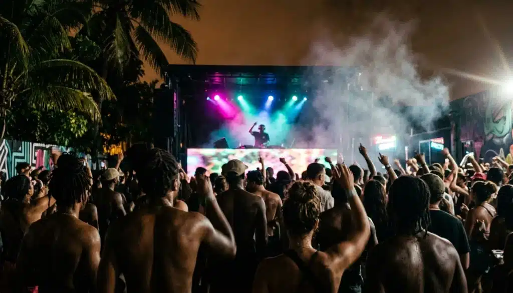 Crowd silhouettes at an open-air Wynwood music night, a Miami travel guide look at the city's live nightlife